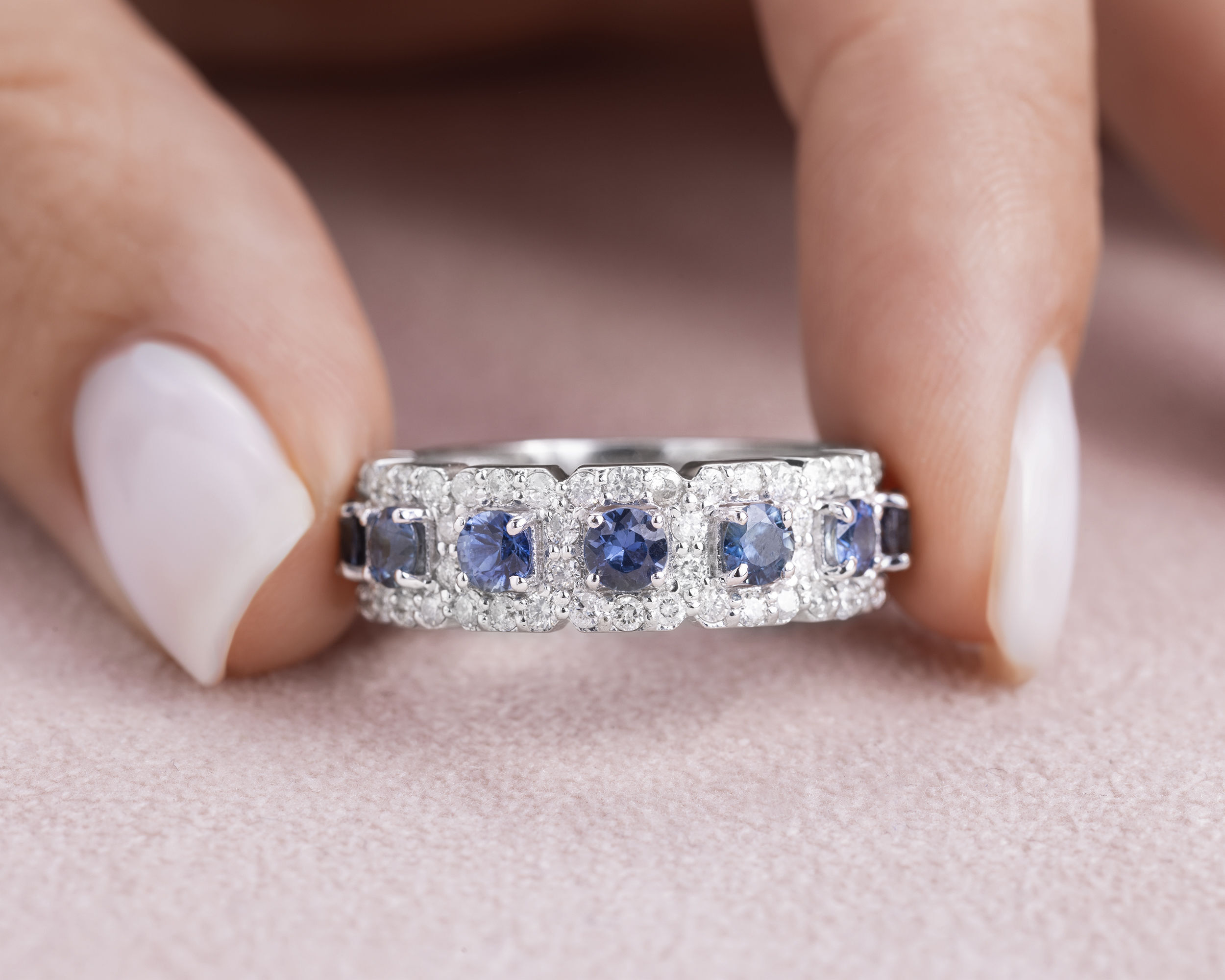 2.6 Ct Blue Sapphire & F/VS1-VS2 Lab Diamond 14k White Gold Half Eternity Band Ring - Image 5