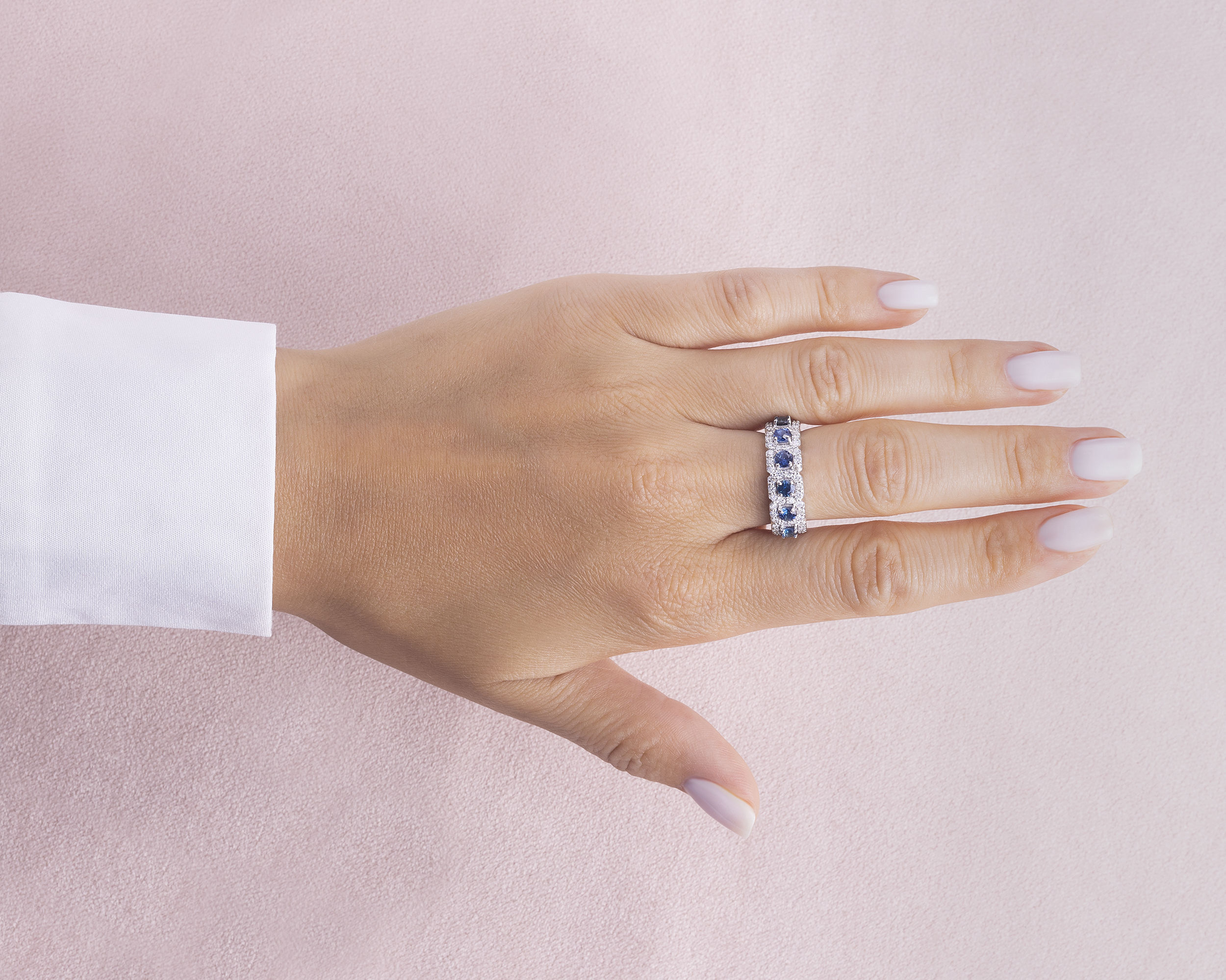 2.6 Ct Blue Sapphire & F/VS1-VS2 Lab Diamond 14k White Gold Half Eternity Band Ring - Image 7