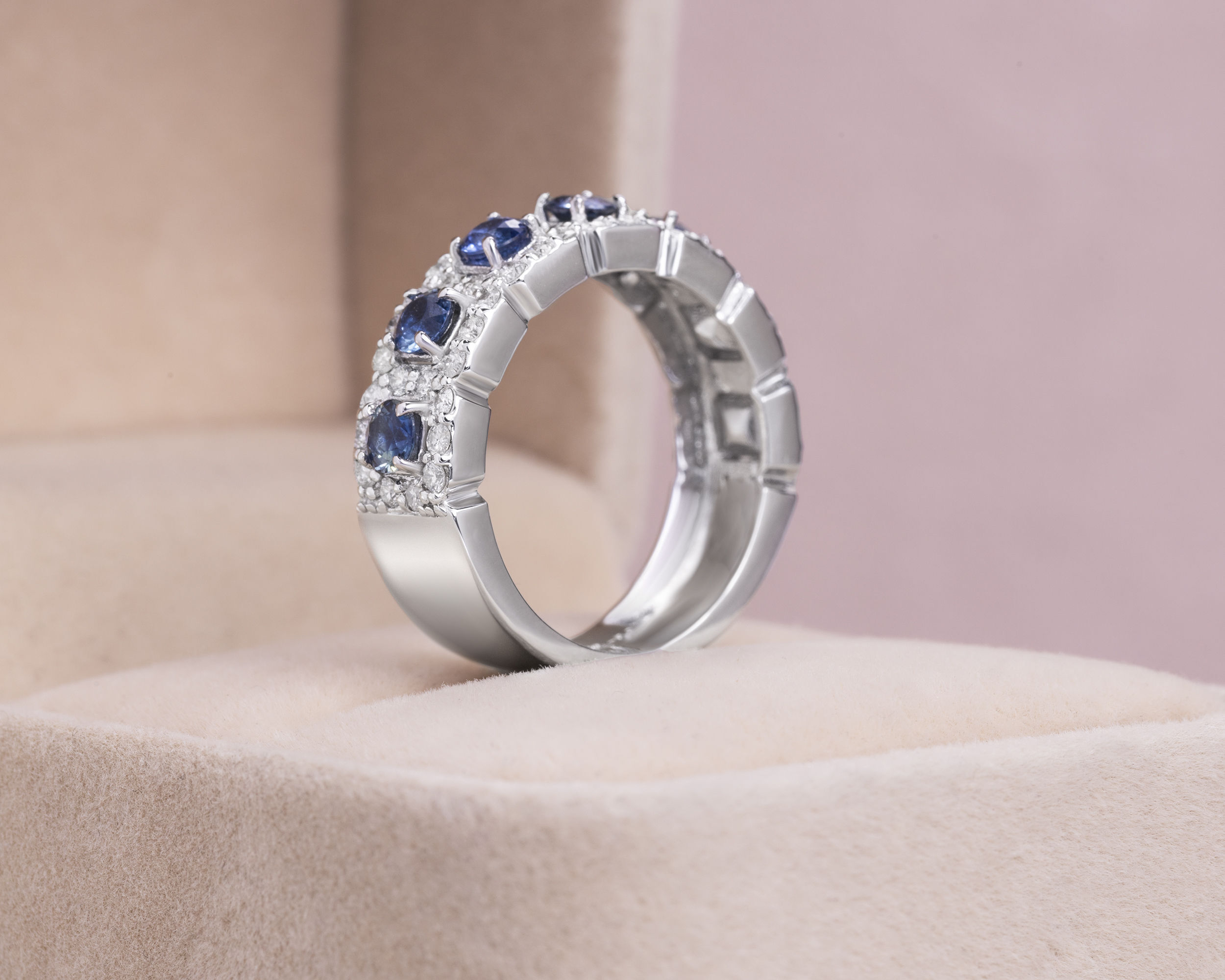 2.6 Ct Blue Sapphire & F/VS1-VS2 Lab Diamond 14k White Gold Half Eternity Band Ring - Image 2