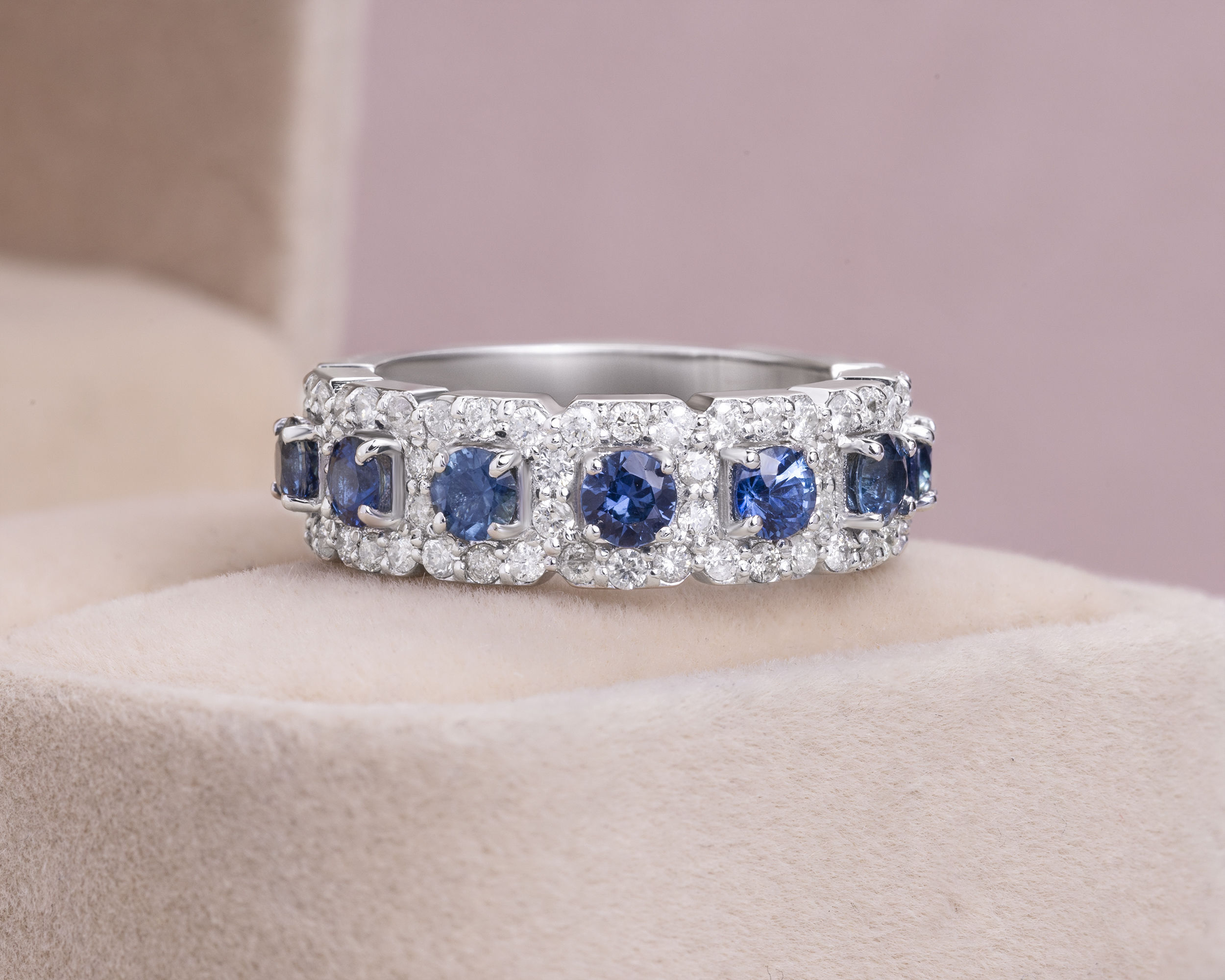 2.6 Ct Blue Sapphire & F/VS1-VS2 Lab Diamond 14k White Gold Half Eternity Band Ring