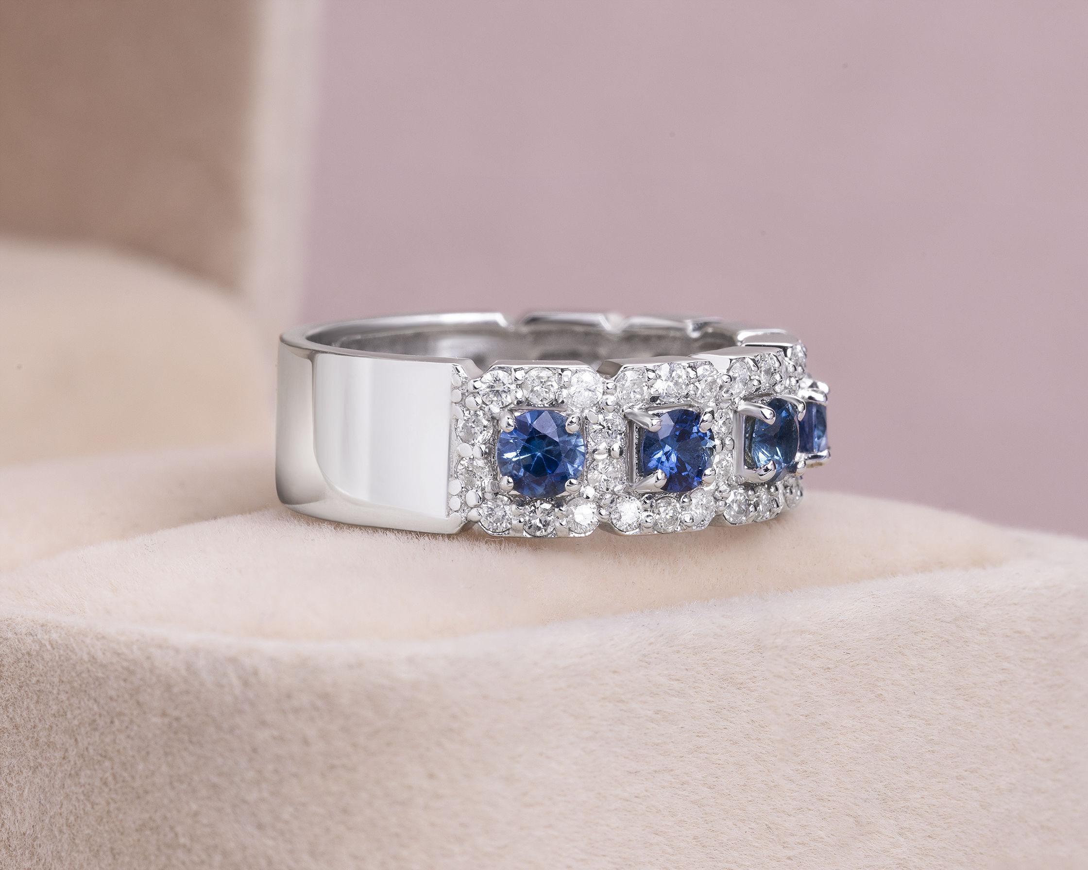 2.6 Ct Blue Sapphire & F/VS1-VS2 Lab Diamond 14k White Gold Half Eternity Band Ring - Image 3