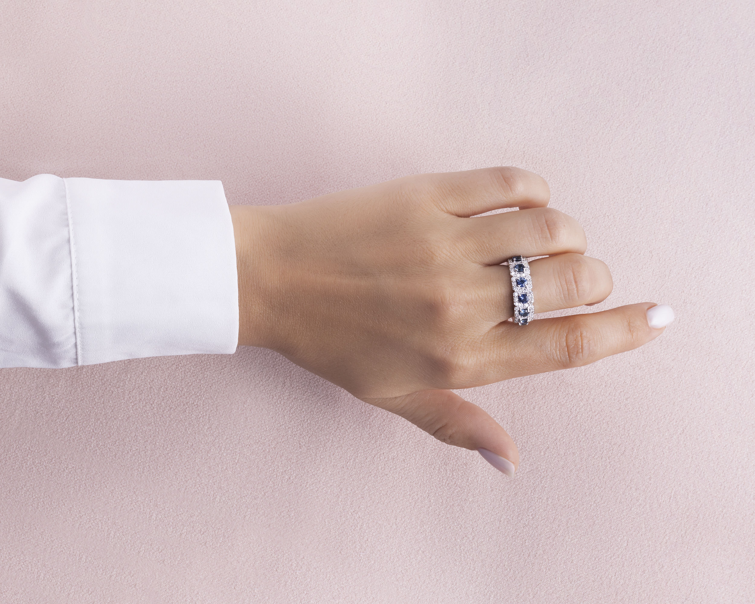 2.6 Ct Blue Sapphire & F/VS1-VS2 Lab Diamond 14k White Gold Half Eternity Band Ring - Image 6