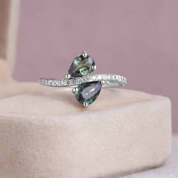 1.75 Ct Green Pear Mixed Sapphire Ring Natural Diamond 14k White Gold D-F/I1-I2