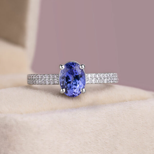 1.76 Ct Violetish Blue Oval Mixed Tanzanite Ring Natural Diamond 14k White Gold