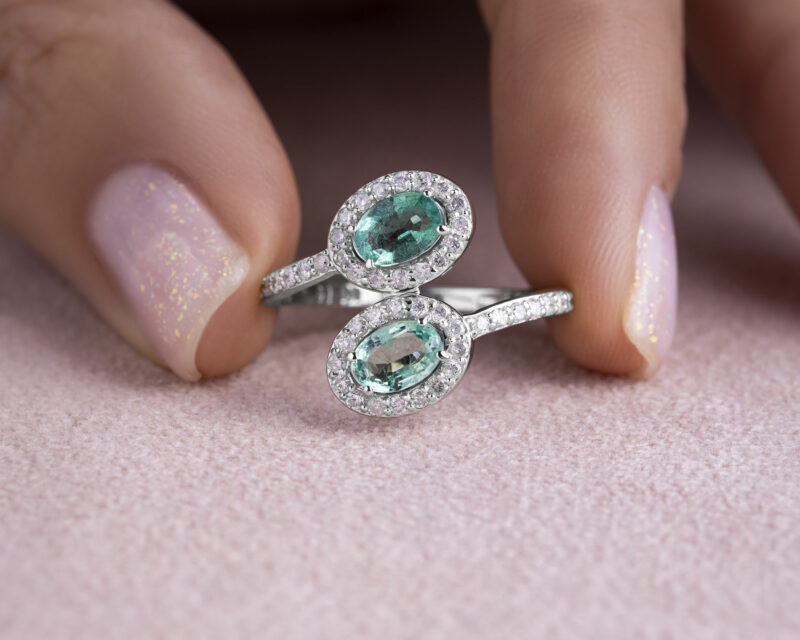 1.46 Ct Green Oval Emerald & Natural Diamond E-G/SI1-I2 14k White Gold Ring