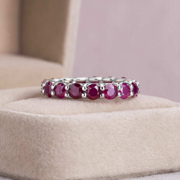 6 Carat Red Ruby Eternity Ring 14k Solid White Gold Round Brilliant Transparent