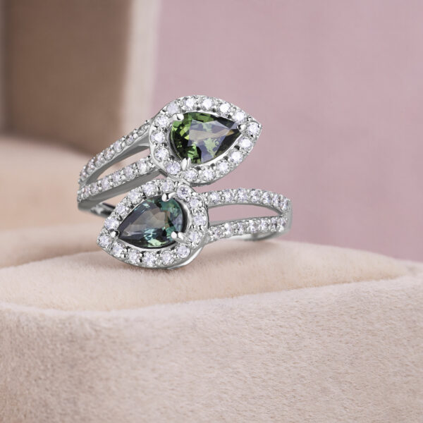 2.35 Ct Green Pear Sapphire Ring Natural Diamond 14k White Gold E-H/VS1-SI1