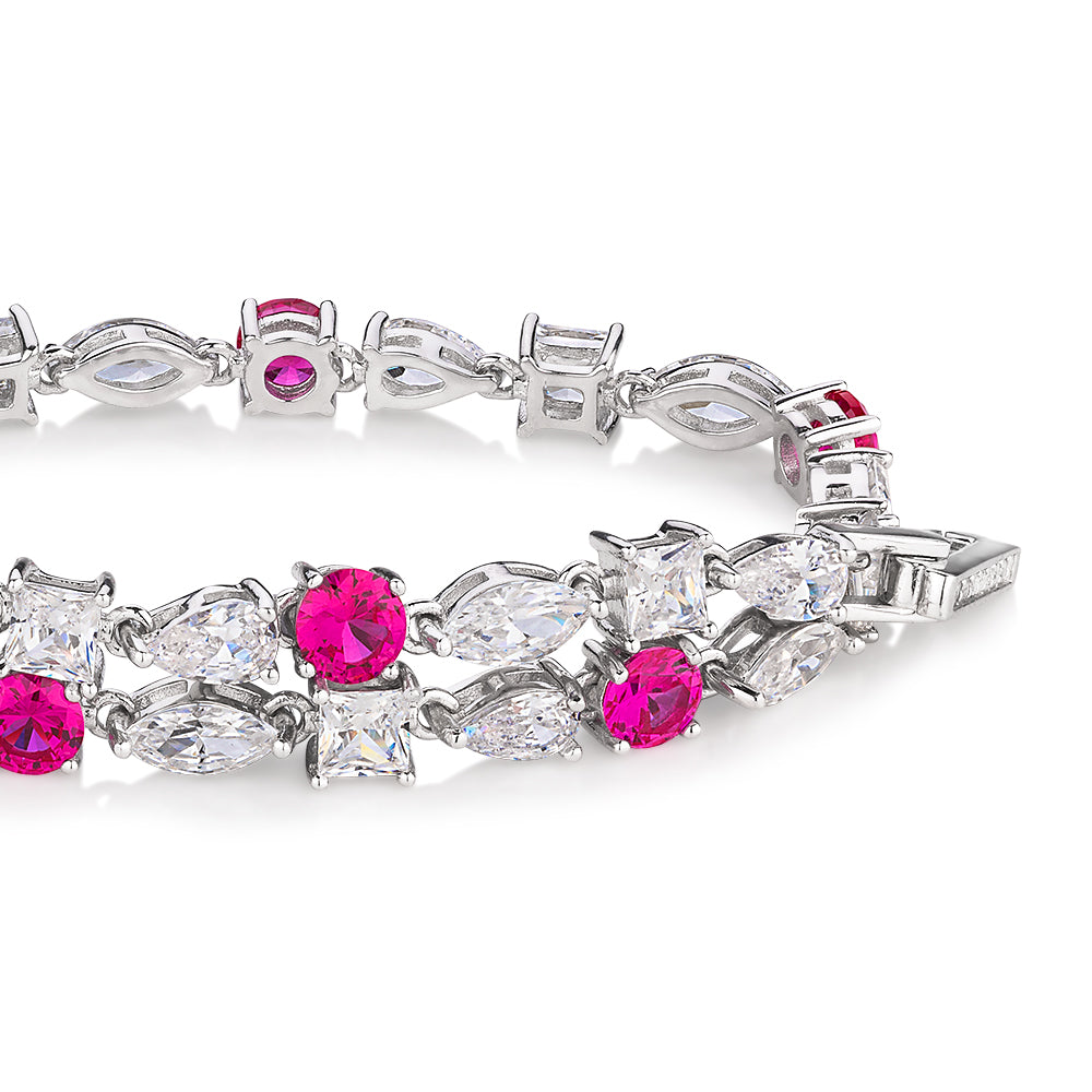Pear, Marquise and Round Brilliant tennis bracelet with ruby simulants and 6.38 carats* in sterling silver - Image 2