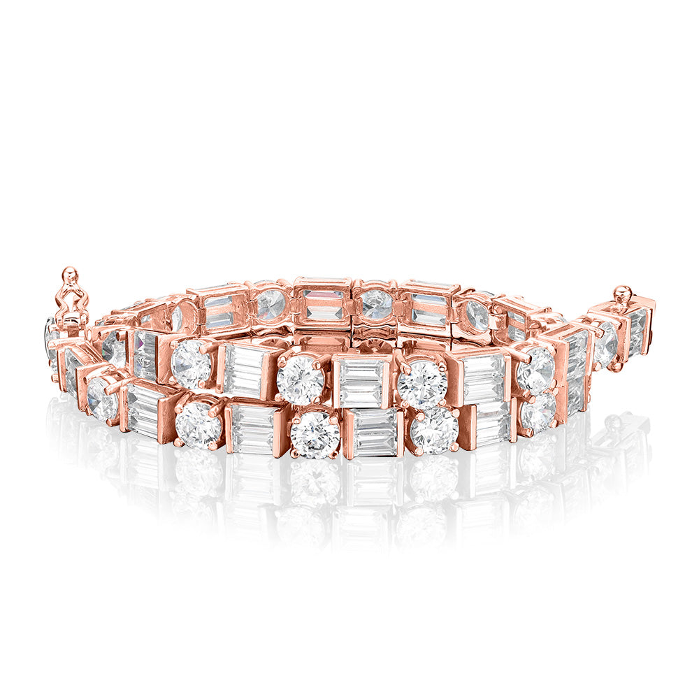 Round Brilliant and Baguette tennis bracelet with 10.07 carats* of diamond simulants in 10 carat rose gold