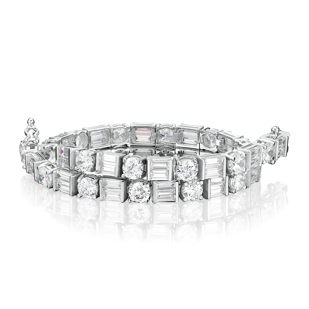 Round Brilliant and Baguette tennis bracelet with 10.07 carats* of diamond simulants in 10 carat white gold
