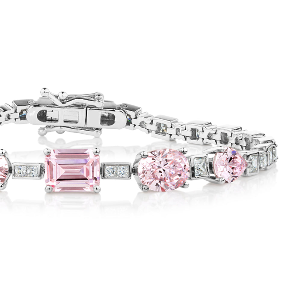Emerald Cut, Oval and Pear tennis bracelet with 14.49 carats* of diamond simulants in sterling silver - Image 2