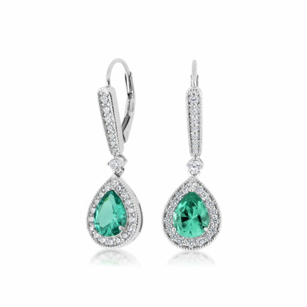 Pear and Round Brilliant drop earrings with ocean green simulants and 0.62 carats* of diamond simulants in sterling silver