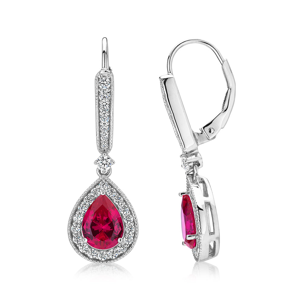 Pear and Round Brilliant drop earrings with ruby simulants and 0.62 carats* of diamond simulants in sterling silver - Image 2