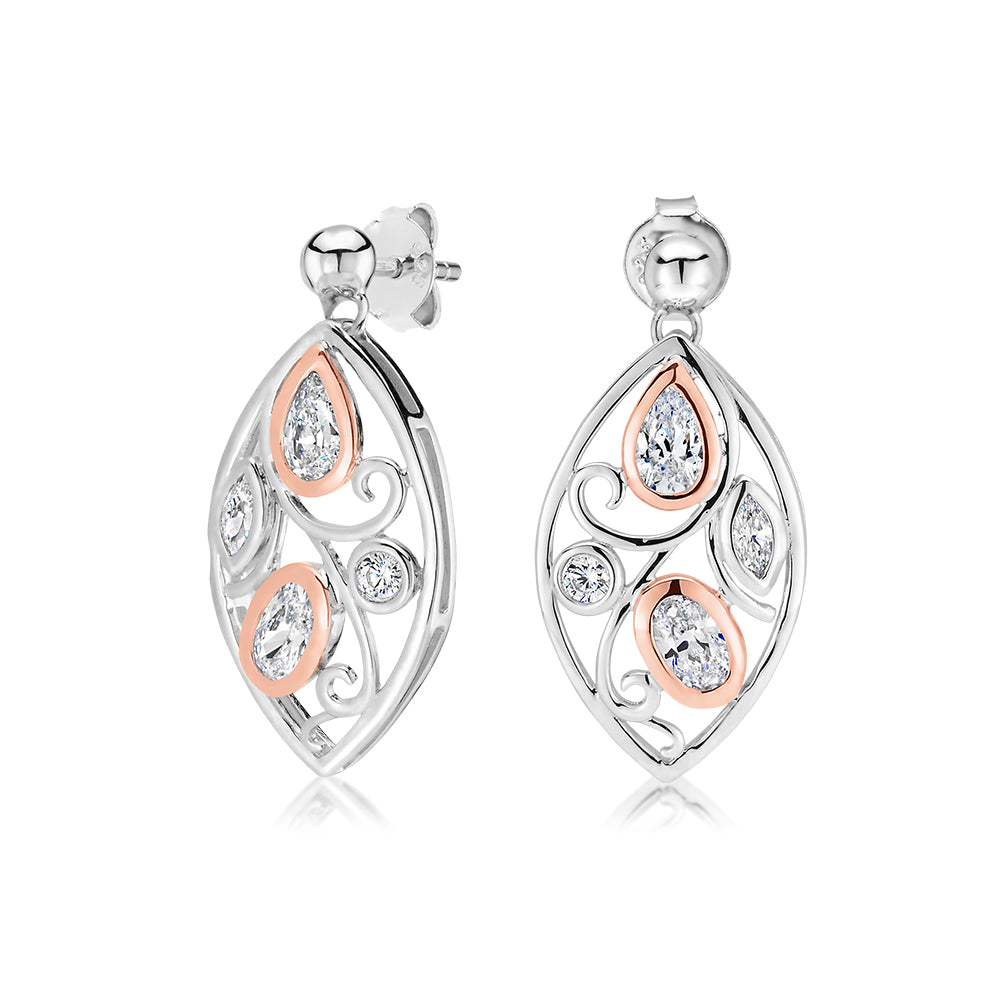 Oval and Pear drop earrings with 1.19 carats* of diamond simulants in 10 carat rose gold and sterling silver