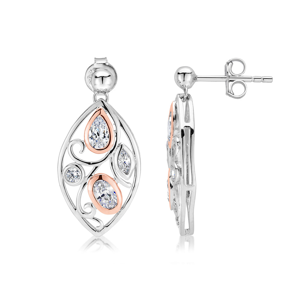 Oval and Pear drop earrings with 1.19 carats* of diamond simulants in 10 carat rose gold and sterling silver - Image 2