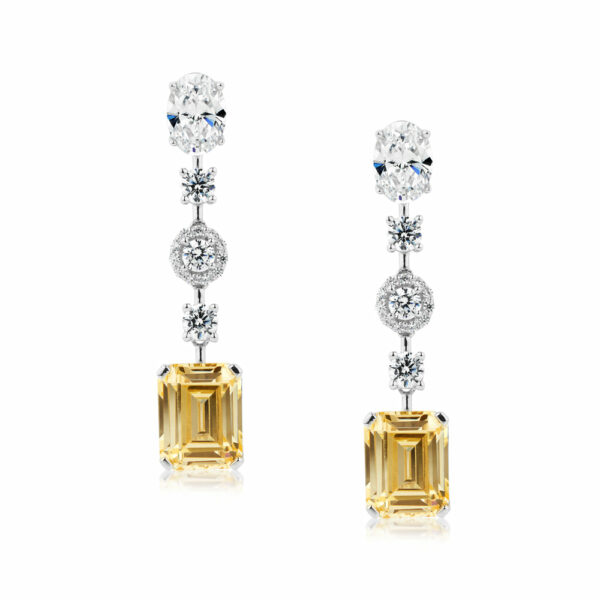Emerald Cut, Round Brilliant and Oval drop earrings with 6.29 carats* of diamond simulants in sterling silver