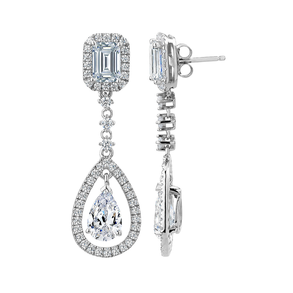 Pear, Emerald Cut and Round Brilliant drop earrings with 5.1 carats* of diamond simulants in sterling silver - Image 2