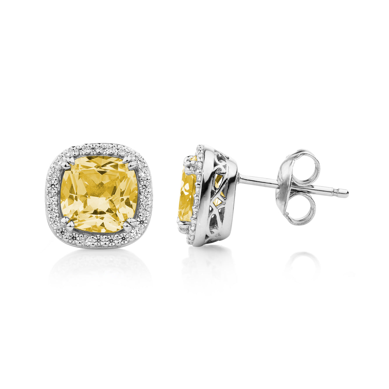 Cushion and Round Brilliant halo stud earrings with 2.81 carats* of diamond simulants in sterling silver - Image 2