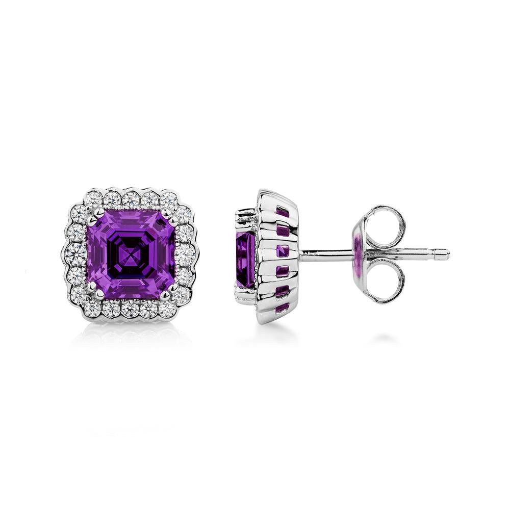 Asscher and Round Brilliant halo stud earrings with amethyst simulants and 0.42 carats* of diamond simulants in sterling silver - Image 2