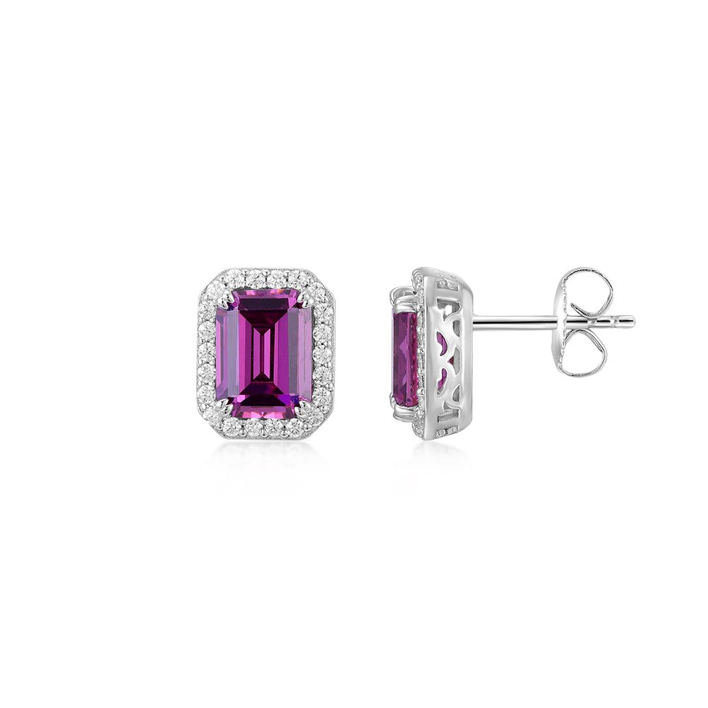Emerald Cut and Round Brilliant halo stud earrings with pink tourmaline simulants and 0.29 carats* of diamond simulants in sterling silver - Image 2