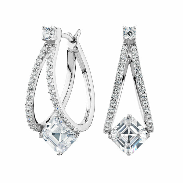 Asscher and Round Brilliant drop earrings with 3.2 carats* of diamond simulants in sterling silver