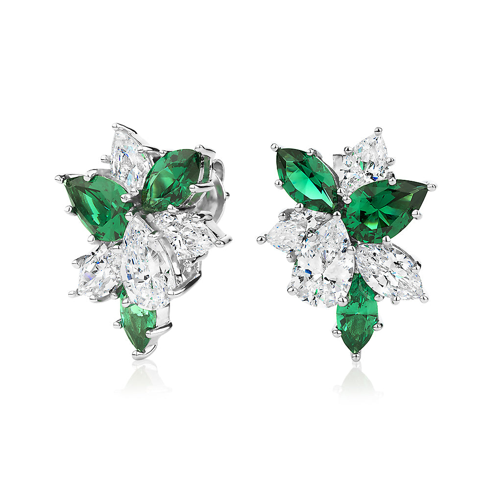 Pear and Marquise fancy earrings with emerald simulants and 3.86 carats* of diamond simulants in sterling silver