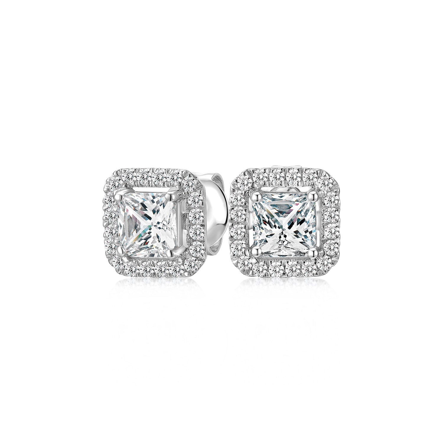 Princess Cut and Round Brilliant stud earrings with 1.69 carats* of diamond simulants in 10 carat white gold