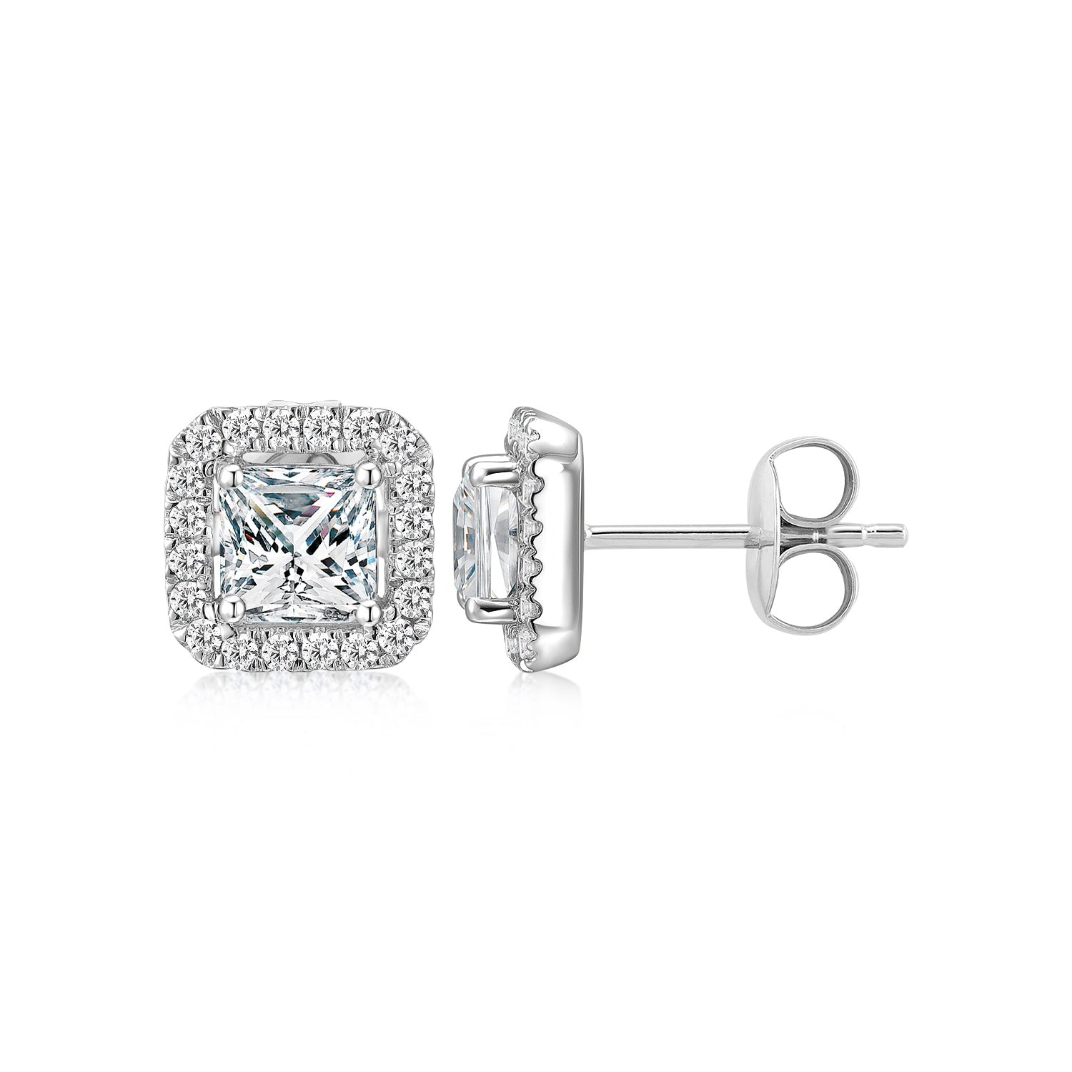 Princess Cut and Round Brilliant stud earrings with 1.69 carats* of diamond simulants in 10 carat white gold - Image 2