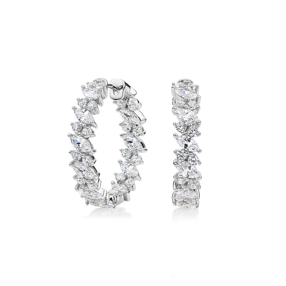 Round Brilliant and Marquise hoop earrings with 4 carats* of diamond simulants in sterling silver