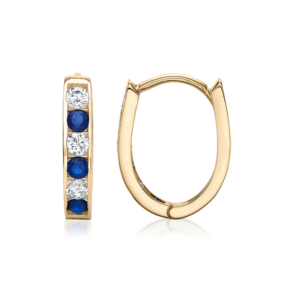 Round Brilliant hoop earrings with ceylon sapphire and diamond simulants in 10 carat yellow gold - Image 2