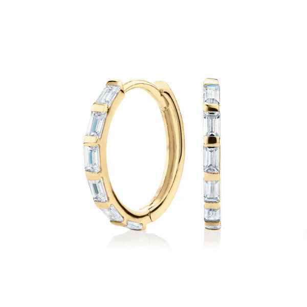 Baguette hoop earrings with diamond simulants in 10 carat yellow gold