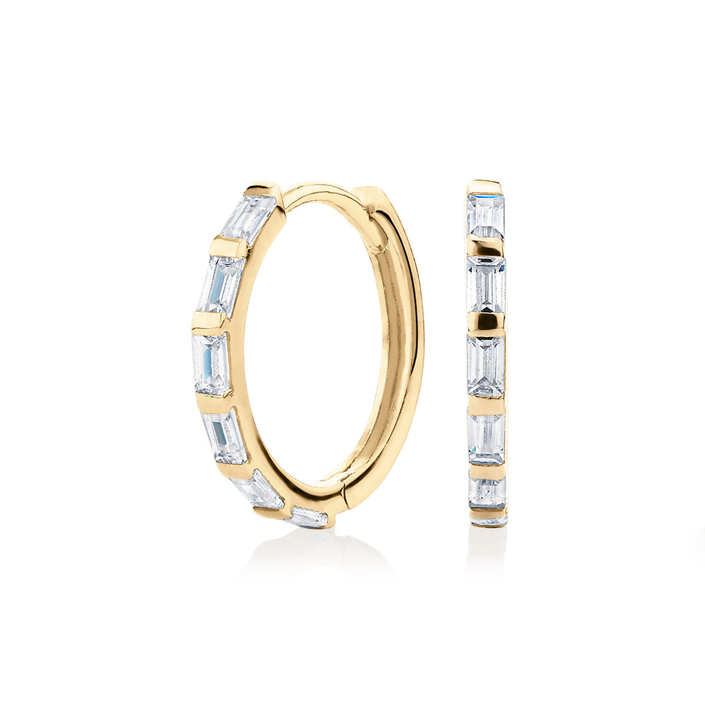 Baguette hoop earrings with diamond simulants in 10 carat yellow gold