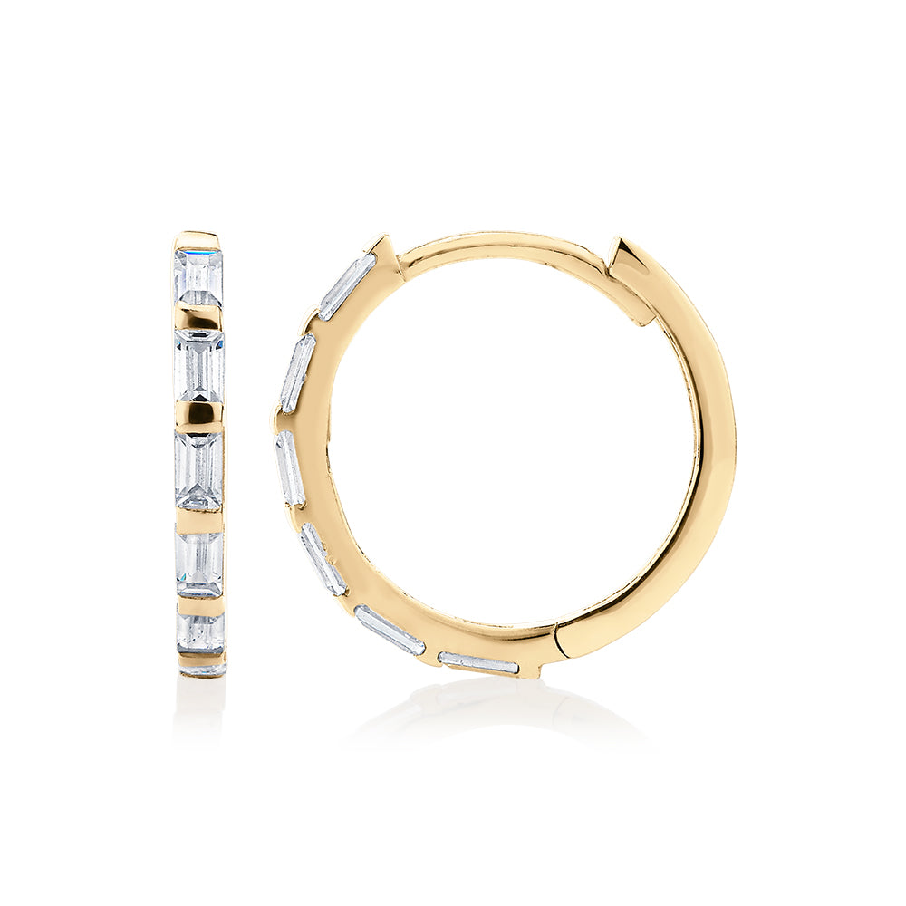 Baguette hoop earrings with diamond simulants in 10 carat yellow gold - Image 2