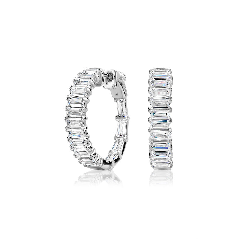 Emerald Cut hoop earrings with 12.32 carats* of diamond simulants in sterling silver
