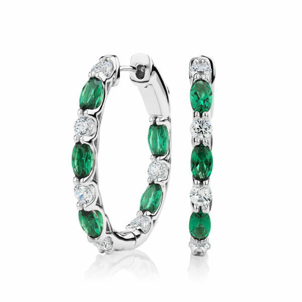 Round Brilliant and Oval hoop earrings with emerald simulants and 1.32 carats* of diamond simulants