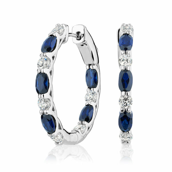 Round Brilliant and Oval hoop earrings with sapphire simulants and 1.32 carats* of diamond simulants