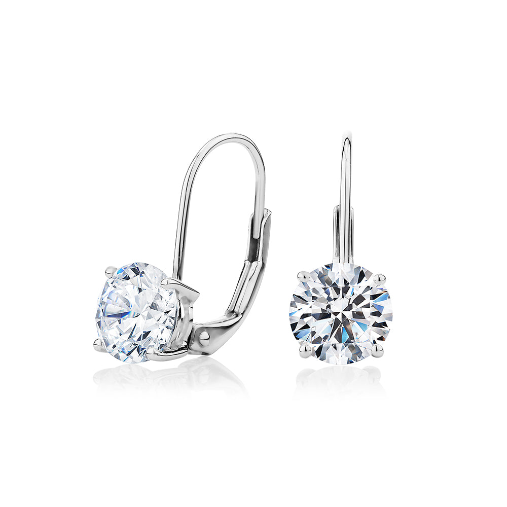 Round Brilliant drop earrings with 2 carats* of diamond simulants in 10 carat white gold