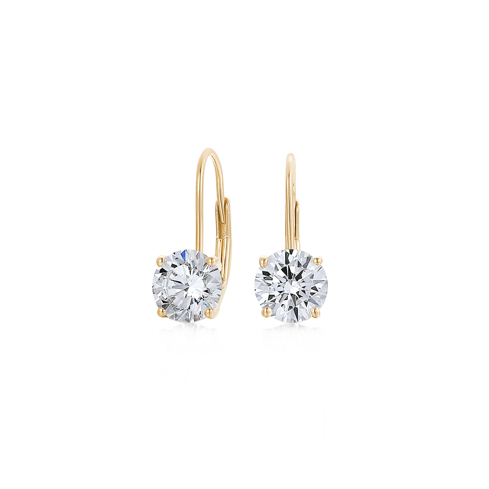 Round Brilliant drop earrings with 2 carats* of diamond simulants in 10 carat yellow gold