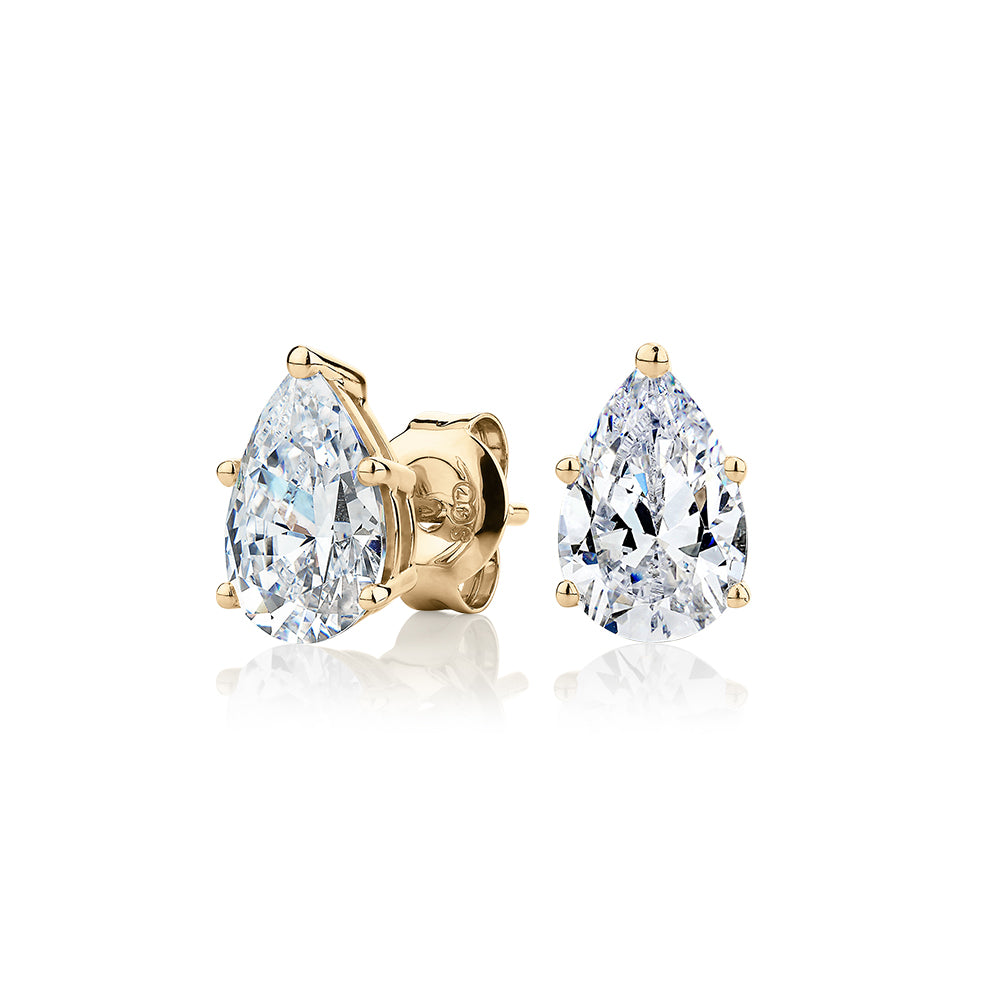 Pear stud earrings with 2 carats* of diamond simulants in 10 carat yellow gold