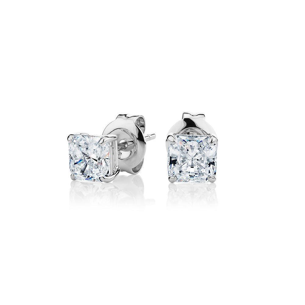 Princess Cut stud earrings with 1 carat* of diamond simulants in 10 carat white gold
