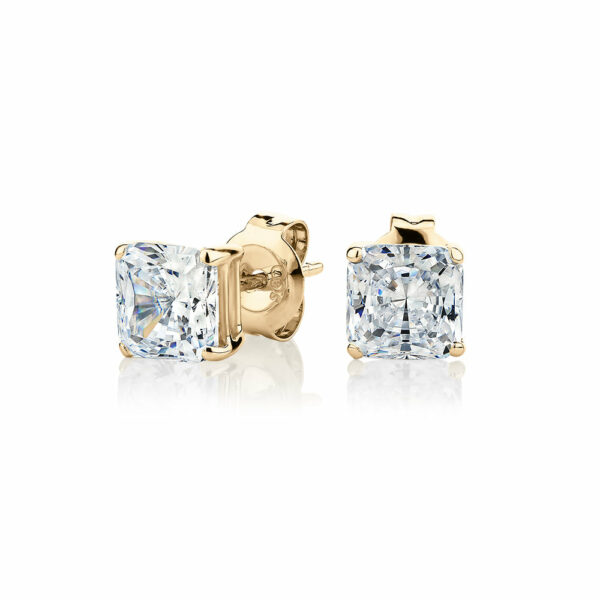 Princess Cut stud earrings with 2 carats* of diamond simulants in 10 carat yellow gold