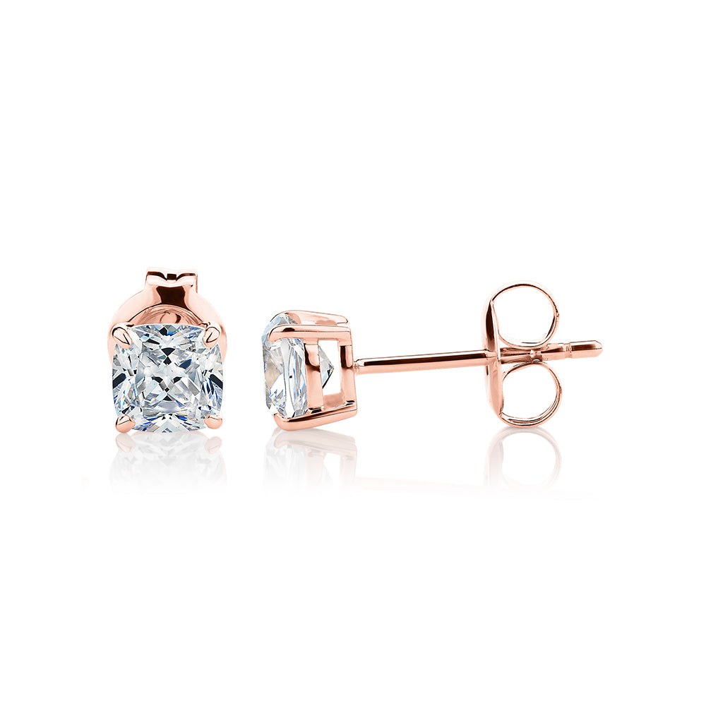 Cushion stud earrings with 1 carat* of diamond simulants in 10 carat rose gold - Image 2