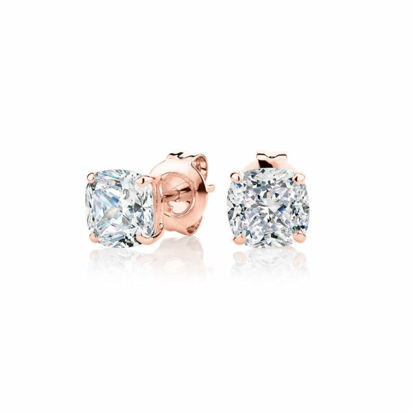 Cushion stud earrings with 2 carats* of diamond simulants in 10 carat rose gold