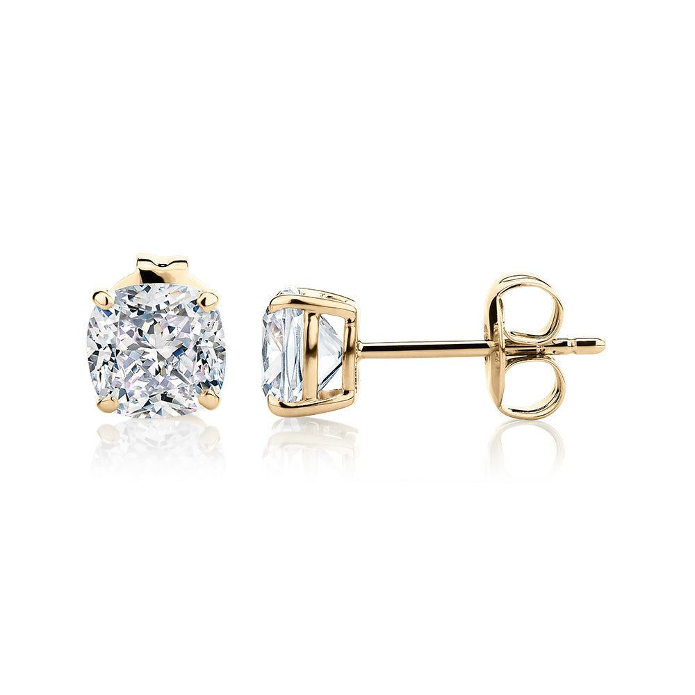 Cushion stud earrings with 2 carats* of diamond simulants in 10 carat yellow gold - Image 2