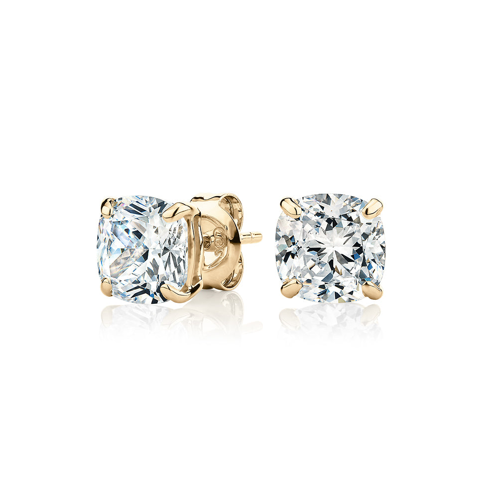 Cushion stud earrings with 3 carats* of diamond simulants in 10 carat yellow gold