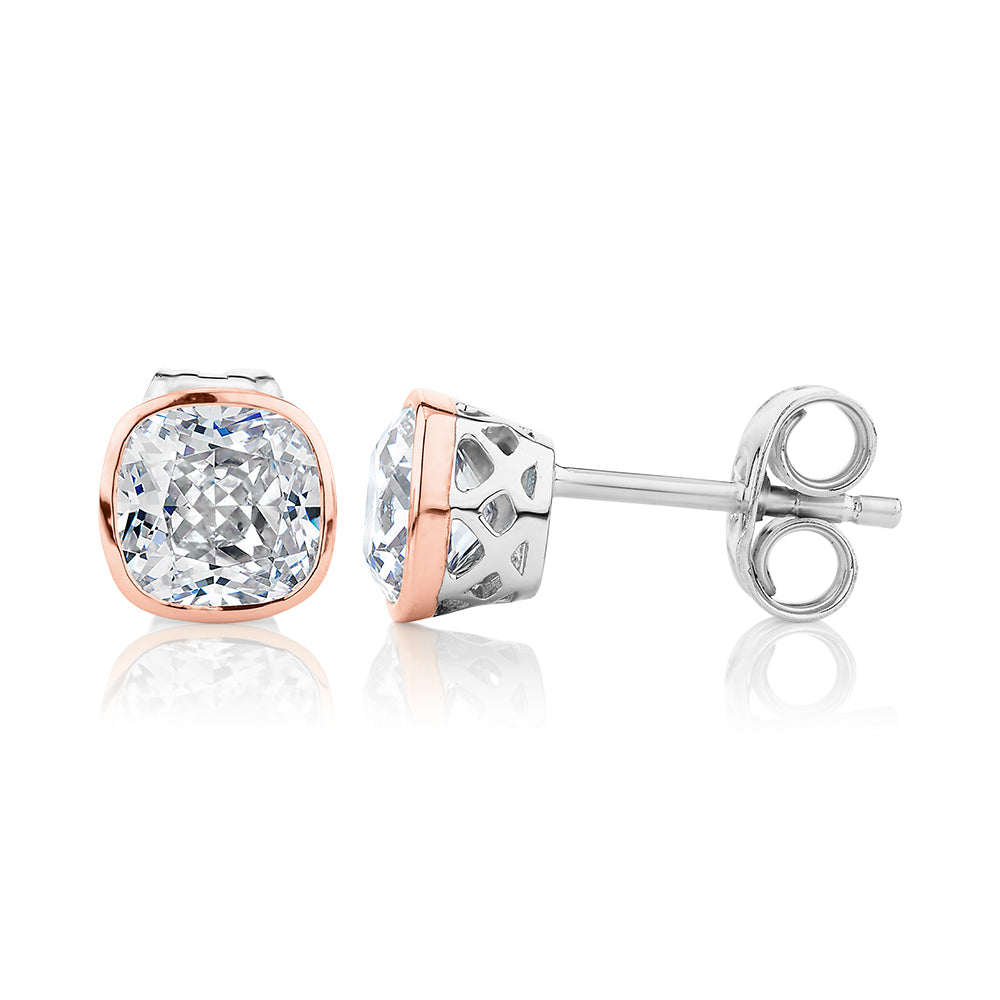 Cushion stud earrings with 1.52 carats* of diamond simulants in 10 carat rose gold and sterling silver - Image 2