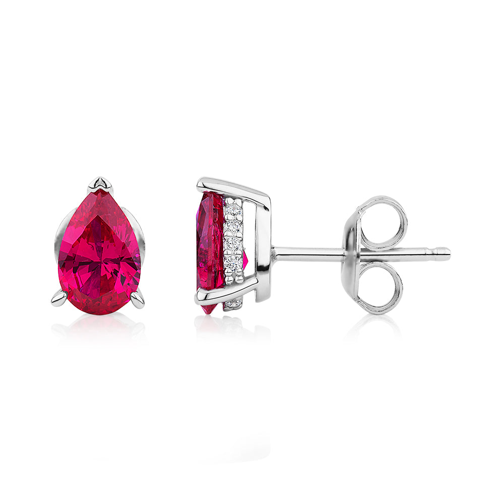 Pear and Round Brilliant stud earrings with ruby and diamond simulants in sterling silver - Image 2