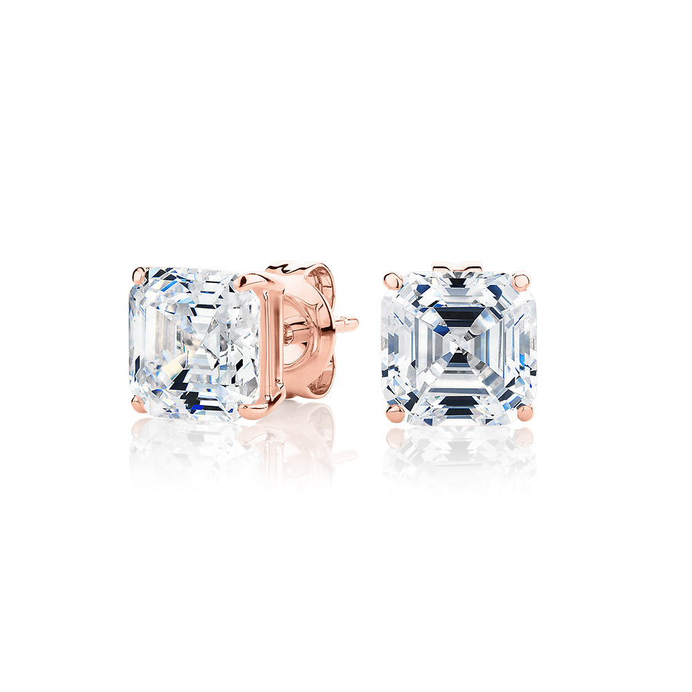 Asscher stud earrings with 3 carats* of diamond simulants in 10 carat rose gold