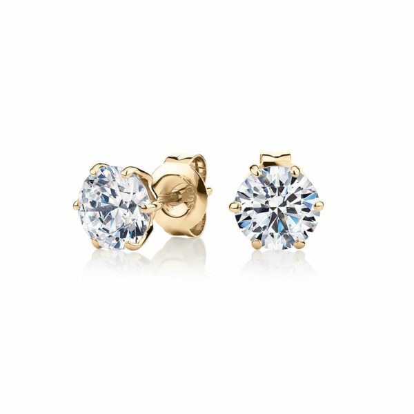 Round Brilliant stud earrings with 2 carats* of diamond simulants in 10 carat yellow gold