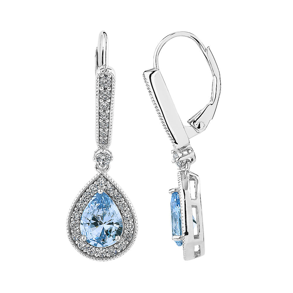 Pear and Round Brilliant drop earrings with blue topaz simulants and 2.7 carats* of diamond simulants in sterling silver - Image 2